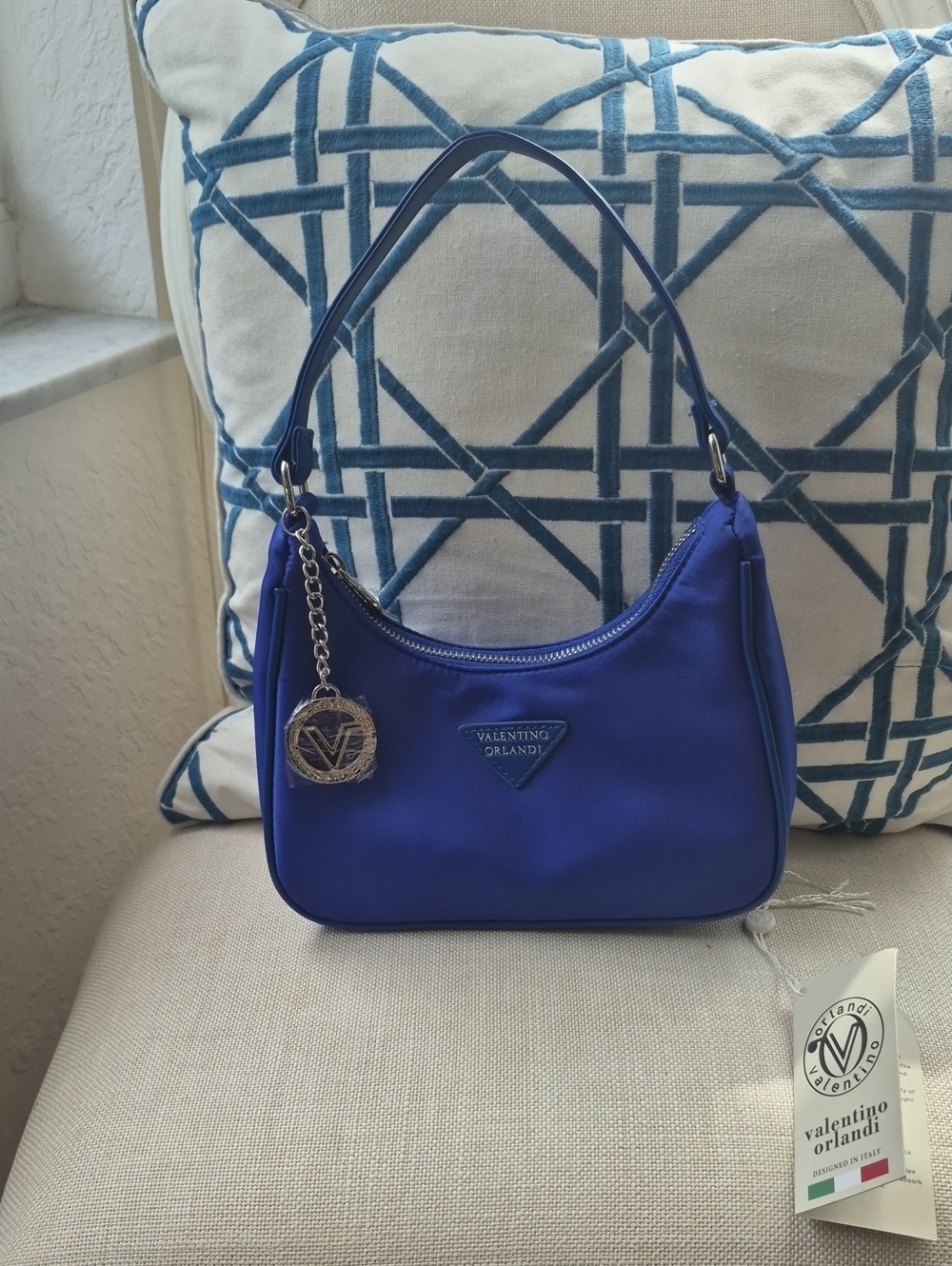 NWT Valentino Orlandi Cobalt Blue Shoulder Bag with Logo Charm